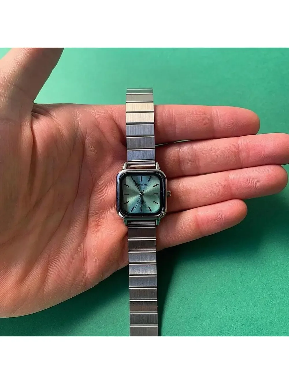 Blue face stainless silver square watch. Classy sporty style watch. Stainless